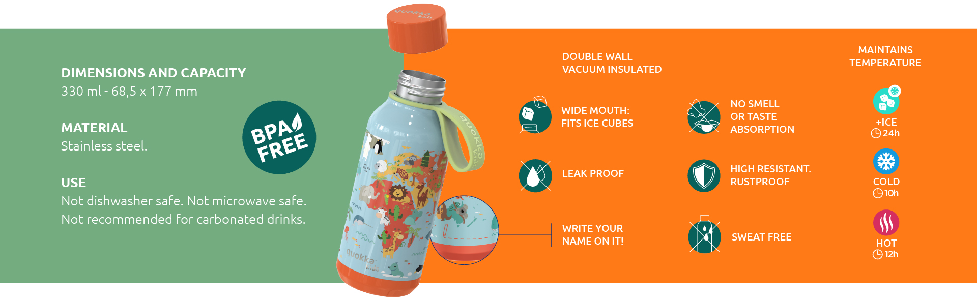 Quokka Solid Kids with strap - Butelka termiczna ze stali nierdzewnej 330 ml z paskiem (Zebras)