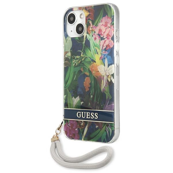 Guess Flower Cord - Etui ze smyczką iPhone 13 Mini (Blue)