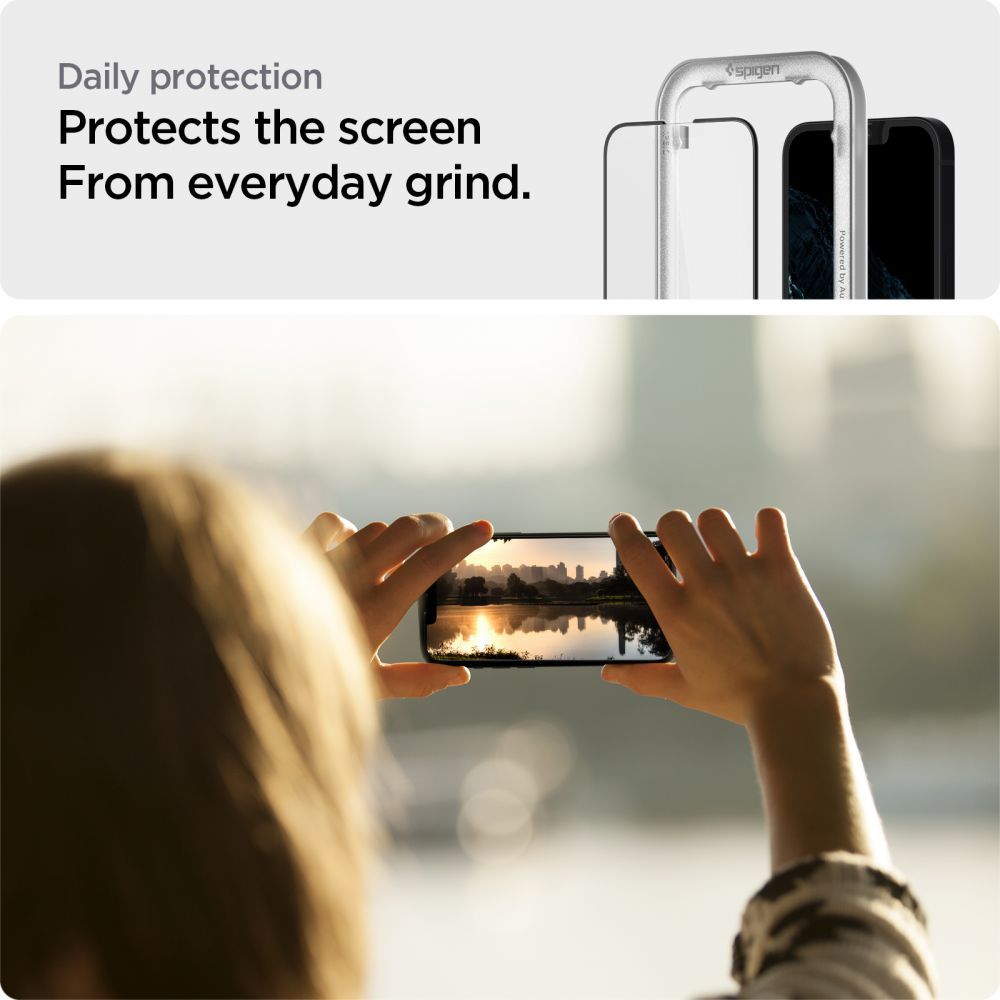 Spigen Alm Glass FC - Szkło hartowane do iPhone 16e / iPhone 14 / iPhone 13 / iPhone 13 Pro (Czarna ramka)