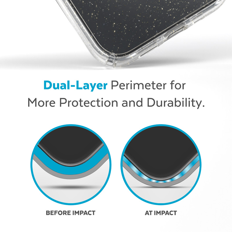 Speck Presidio Perfect-Clear with Glitter + MagSafe - Etui iPhone 15 Plus / 14 Plus z powłoką MICROBAN (Clear / Gold Glitter)