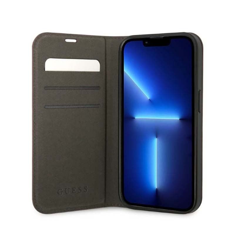 Guess 4G Metal Camera Outline Booktype Case - Etui iPhone 14 Plus (brązowy)