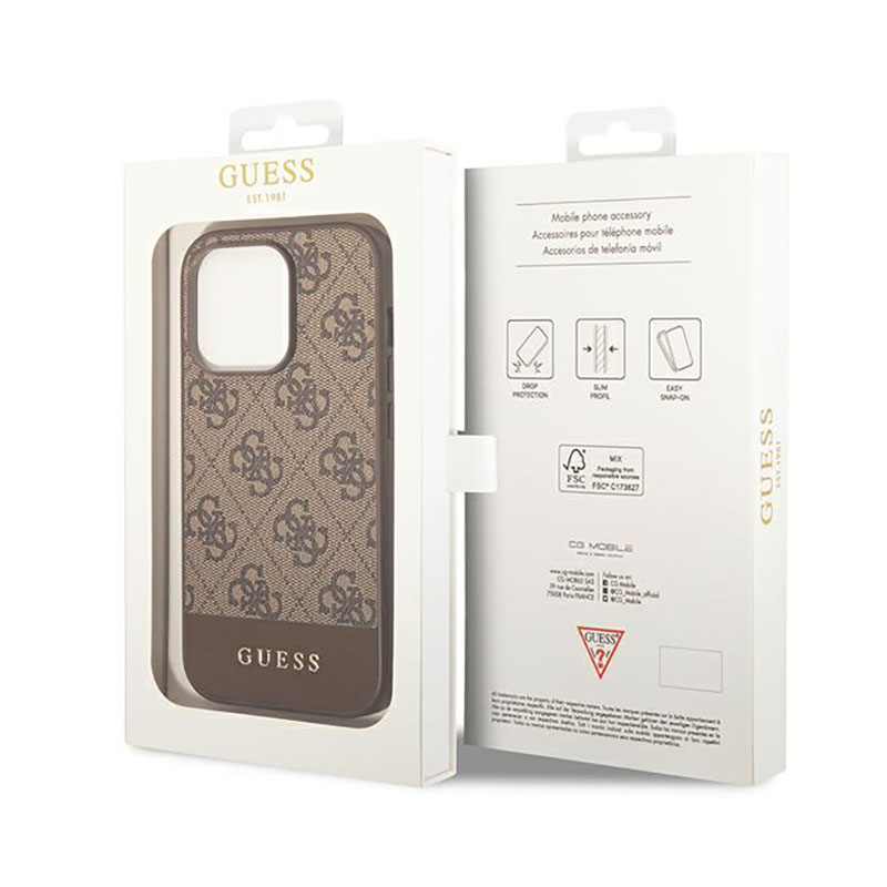 Guess 4G Bottom Stripe Metal Logo Collection - Etui iPhone 14 Pro (brązowy)