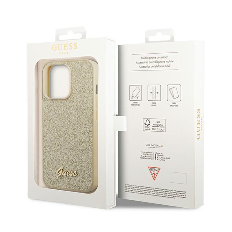 Guess Glitter Flakes Metal Logo Case – Etui iPhone 14 Pro Max (złoty)
