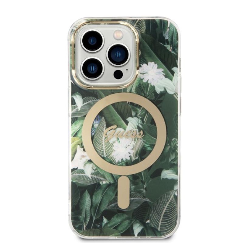 Guess Bundle Pack MagSafe IML Jungle - Zestaw etui + ładowarka MagSafe iPhone 14 Pro (khaki/złoty)