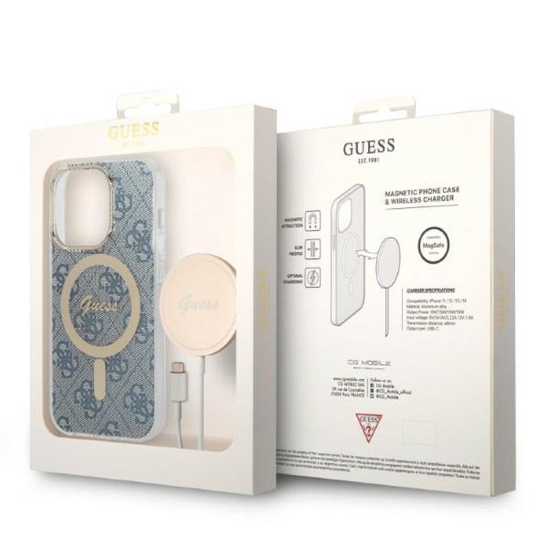 Guess Bundle Pack MagSafe 4G - Zestaw etui + ładowarka MagSafe iPhone 14 Pro Max (niebieski/złoty)