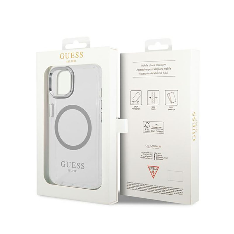 Guess Metal Outline MagSafe - Etui iPhone 14 (przezroczysty / srebrny)