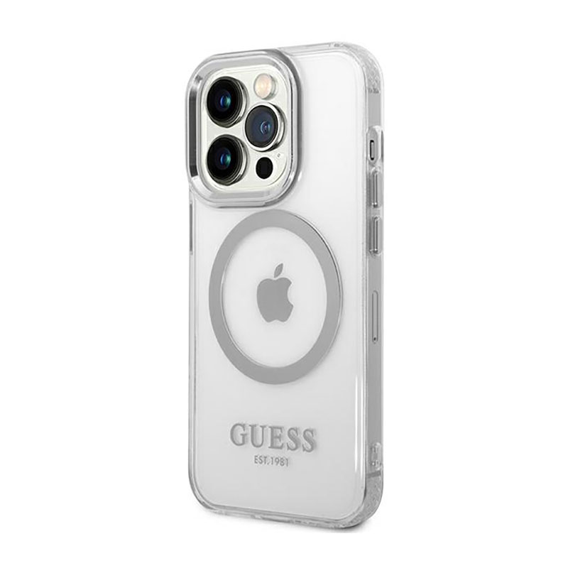 Guess Metal Outline MagSafe - Etui iPhone 14 Pro Max (przezroczysty / srebrny)