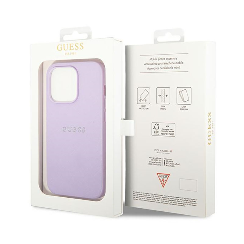Guess Saffiano Metal Logo Stripes - Etui iPhone 14 Pro (liliowy)