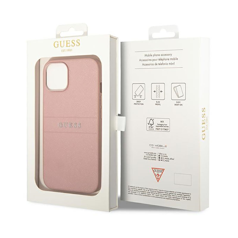 Guess Saffiano Metal Logo Stripes - Etui iPhone 14 Plus (różowy)