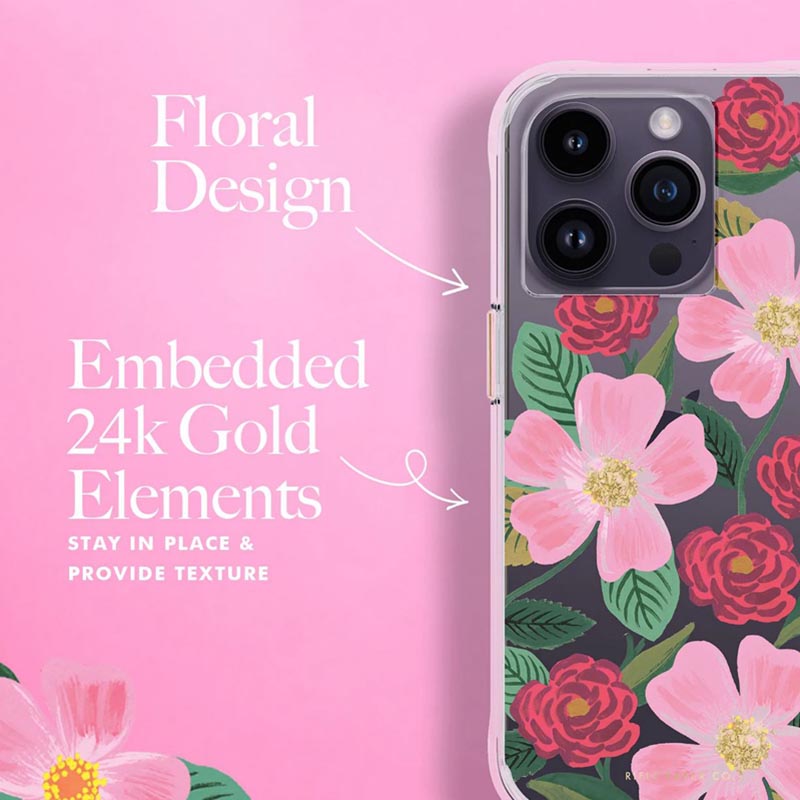 Rifle Paper Clear - Etui iPhone 14 Pro zdobione złotem (Rose Garden)