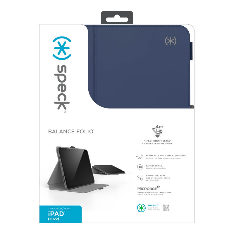 Speck Balance Folio – Etui iPad 11" (2025) / 10.9" (2022) z powłoką MICROBAN w/Magnet & Stand up (Arcadia Navy/Moody Grey)