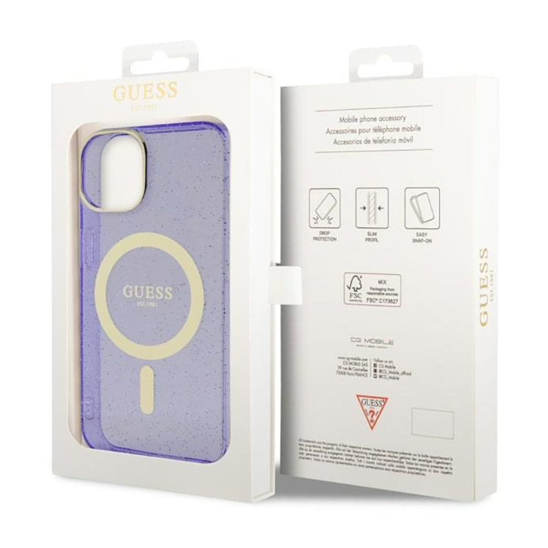 Guess Glitter Gold MagSafe - Etui iPhone 14 Plus (Purpurowy)