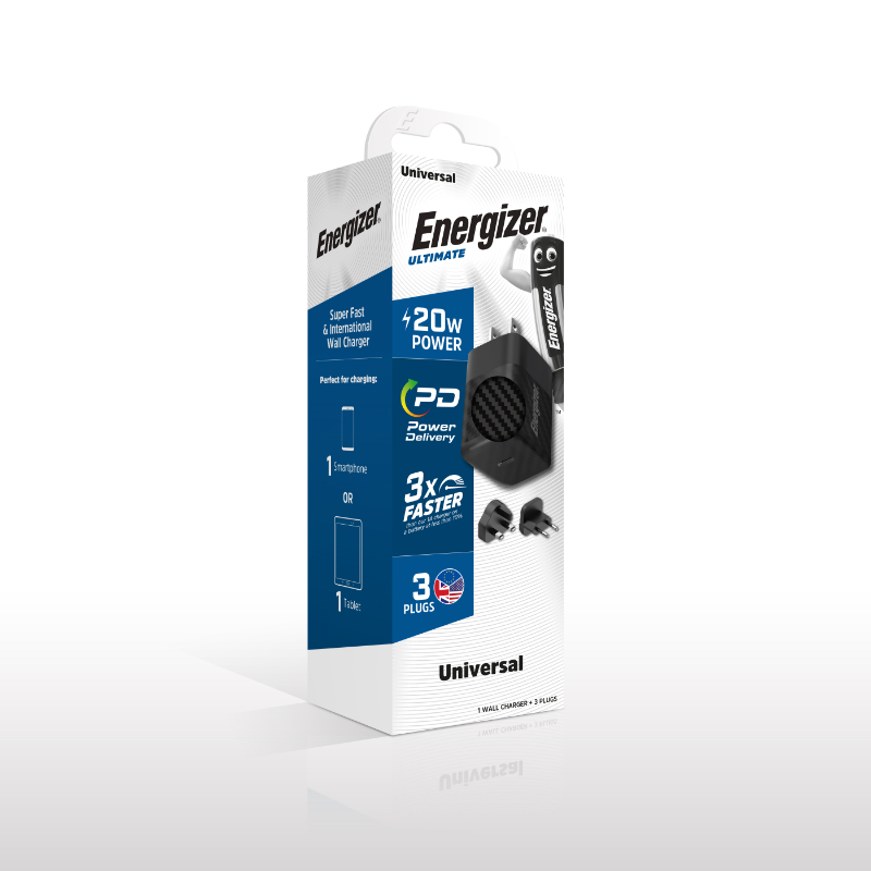 Energizer Ultimate - Ładowarka sieciowa podróżna Multiplug EU / UK / US GaN USB-C 20W PD (Czarny)
