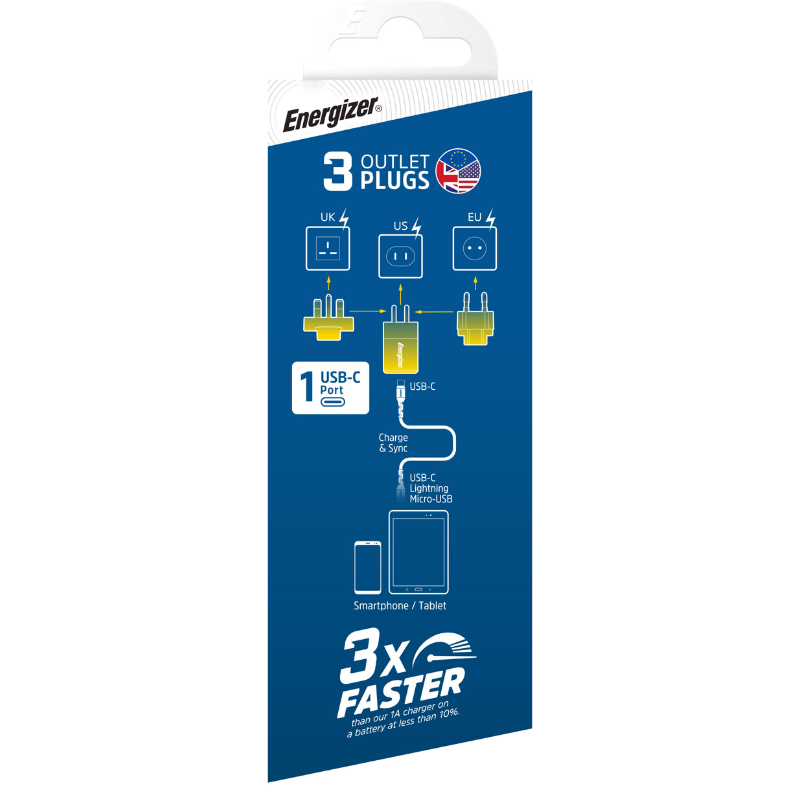 Energizer Ultimate - Ładowarka sieciowa podróżna Multiplug EU / UK / US GaN USB-C 20W PD (Niebieski)