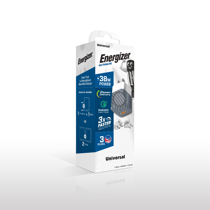 Energizer Ultimate - Ładowarka sieciowa podróżna Multiplug EU / UK / US GaN USB-C & USB-A 38W PD + QC3.0 (Srebrny)