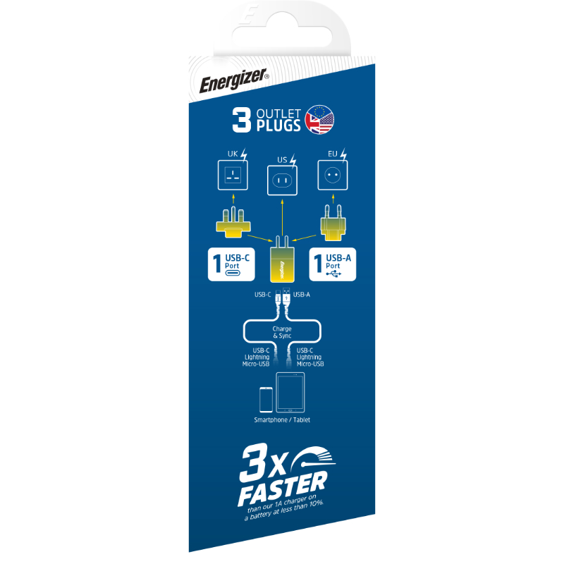Energizer Ultimate - Ładowarka sieciowa podróżna Multiplug EU / UK / US GaN USB-C & USB-A 38W PD + QC3.0 (Srebrny)
