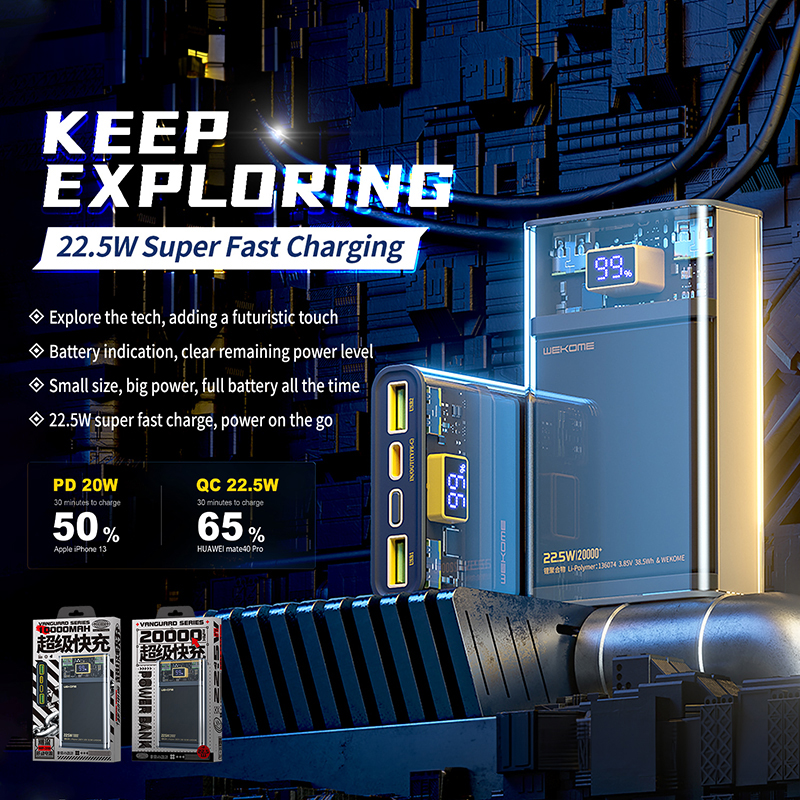 WEKOME WP-319 Vanguard Series - Power bank 10000 mAh Super Charging PD 20W + QC 22.5W (Czarny / Przezroczysty)