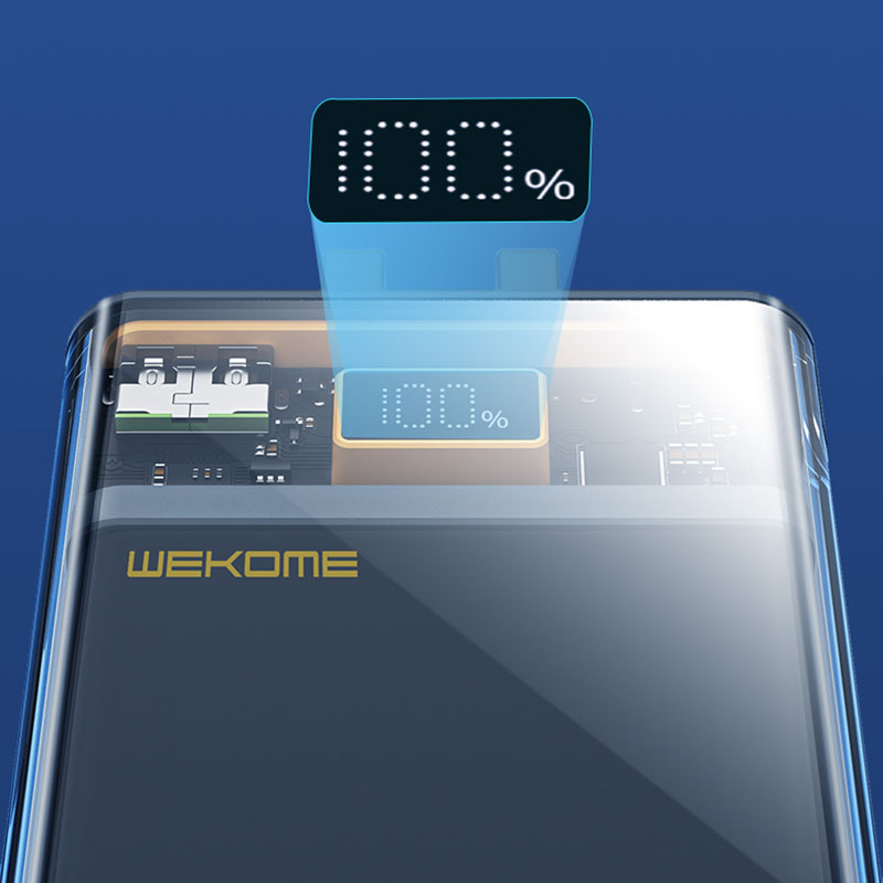 WEKOME WP-325 Vanguard Series - Power bank 20000 mAh Super Charging z wbudowanym kablem USB-C & Lightning PD 20W + QC 22.5W (Czarny / Przezroczysty)