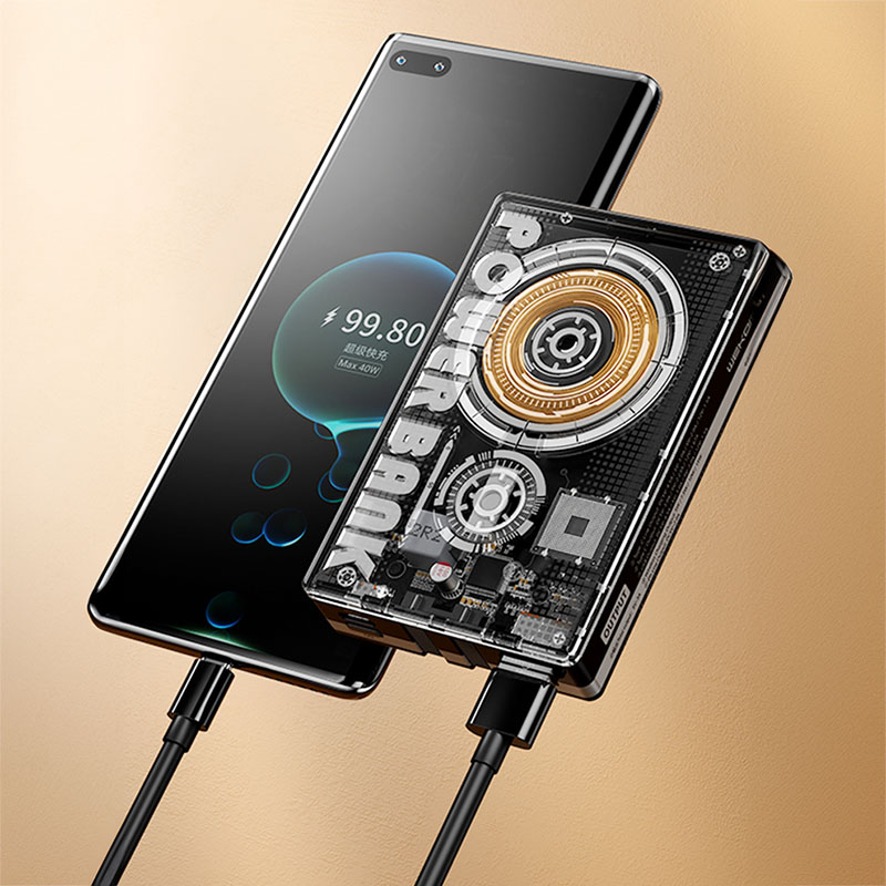 WEKOME WP-331 Vanguard Series - Power bank indukcyjny 10000 mAh Super Charging z wbudowanym kablem USB-C & Lightning PD 20W + QC 22.5W MagSafe (Czarny / Przezroczysty)