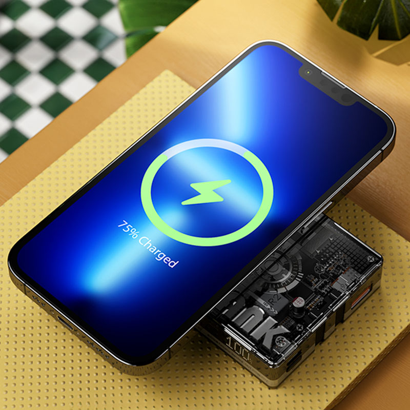 WEKOME WP-331 Vanguard Series - Power bank indukcyjny 10000 mAh Super Charging z wbudowanym kablem USB-C & Lightning PD 20W + QC 22.5W MagSafe (Czarny / Przezroczysty)