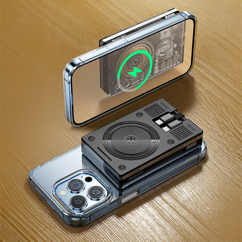 WEKOME WP-331 Vanguard Series - Power bank indukcyjny 10000 mAh Super Charging z wbudowanym kablem USB-C & Lightning PD 20W + QC 22.5W MagSafe (Czarny / Przezroczysty)