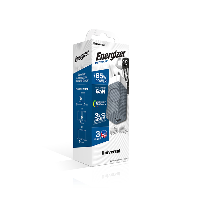 Energizer Ultimate - Ładowarka sieciowa podróżna Multiplug EU / UK / US GaN USB-C & USB-A 65W PD (Srebrny)