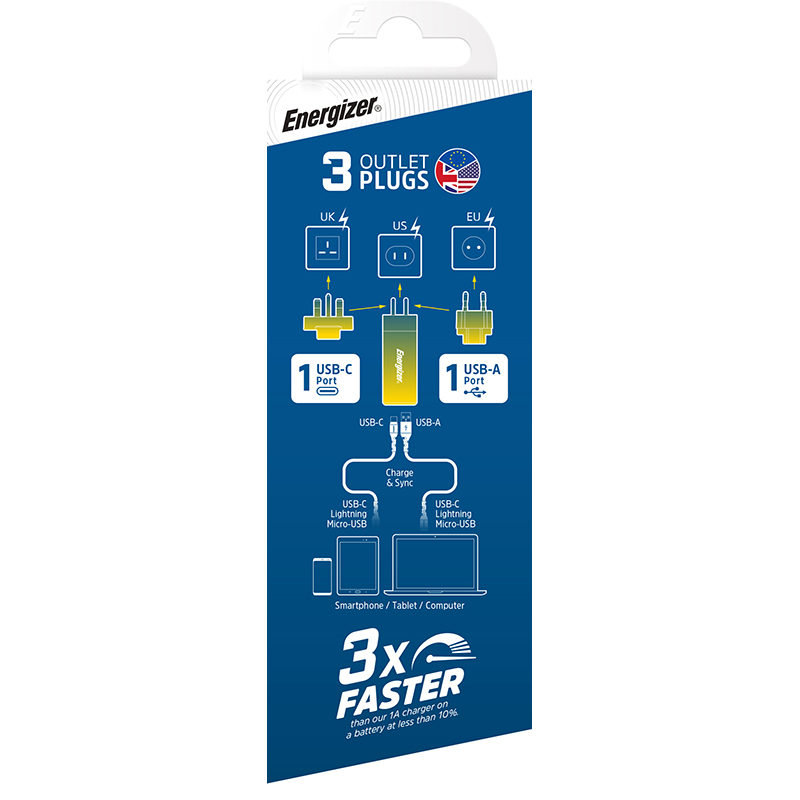 Energizer Ultimate - Ładowarka sieciowa podróżna Multiplug EU / UK / US GaN USB-C & USB-A 65W PD (Srebrny)