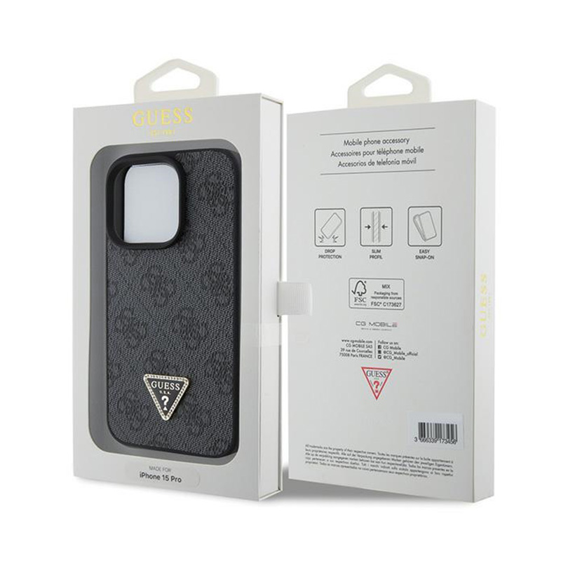 Guess Leather 4G Triangle Strass - Etui iPhone 15 Pro Max (czarny)