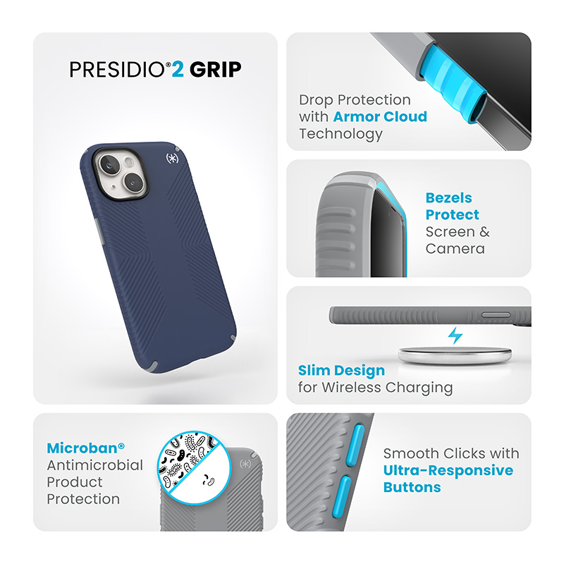 Speck Presidio2 Grip - Etui iPhone 16e / iPhone 15 / iPhone 14 / iPhone 13 (Coastal Blue / Dust Grey / White)