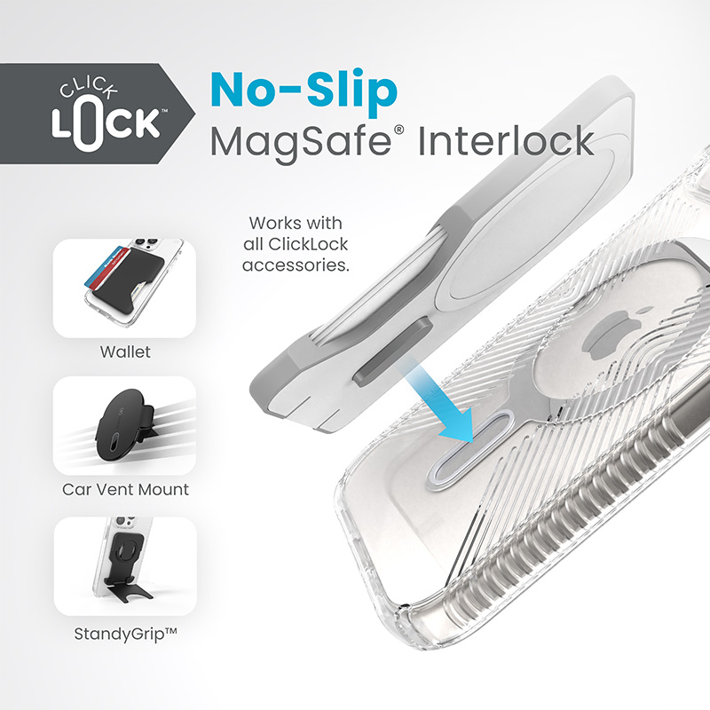 Speck Presidio Perfect-Clear Grip ClickLock & MagSafe - Etui iPhone 16e / iPhone 15 / iPhone 14 / iPhone 13 (Clear / Chrome Finish / Serene Silver)