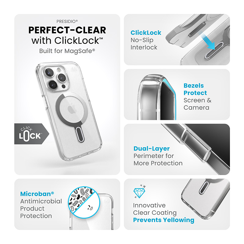 Speck Presidio Perfect-Clear ClickLock & MagSafe - Etui iPhone 15 Pro (Clear / Chrome Finish / Serene Silver)