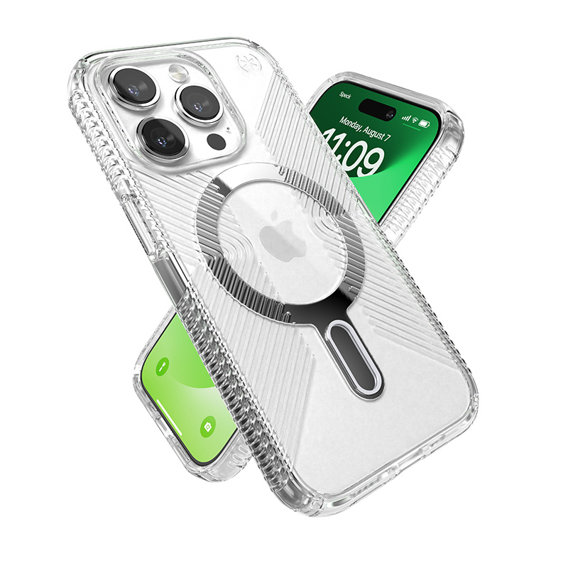 Speck Presidio Perfect-Clear Grip ClickLock & MagSafe - Etui iPhone 15 Pro (Clear / Chrome Finish / Serene Silver)