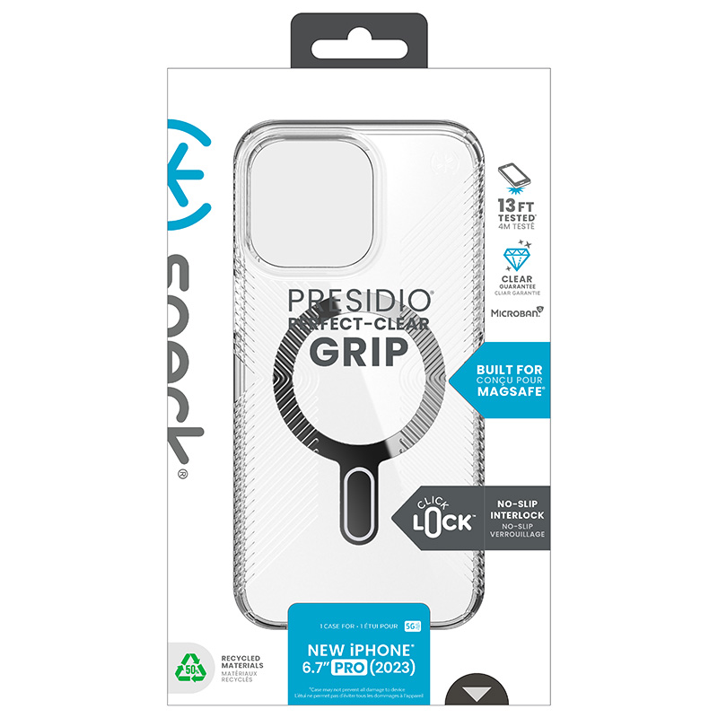Speck Presidio Perfect-Clear Grip ClickLock & MagSafe - Etui iPhone 15 Pro Max (Clear / Chrome Finish / Serene Silver)
