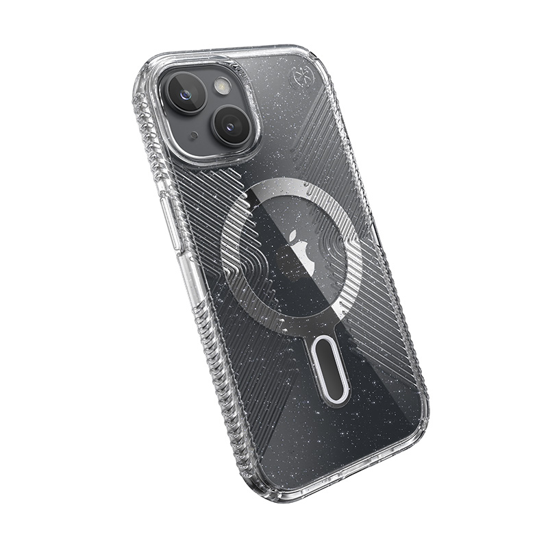 Speck Presidio Lux Grip ClickLock & MagSafe - Etui iPhone 16e / iPhone 15 / iPhone 14 / iPhone 13 (Clear / Platinium Glitter / Chrome Finish / Serene Silver)