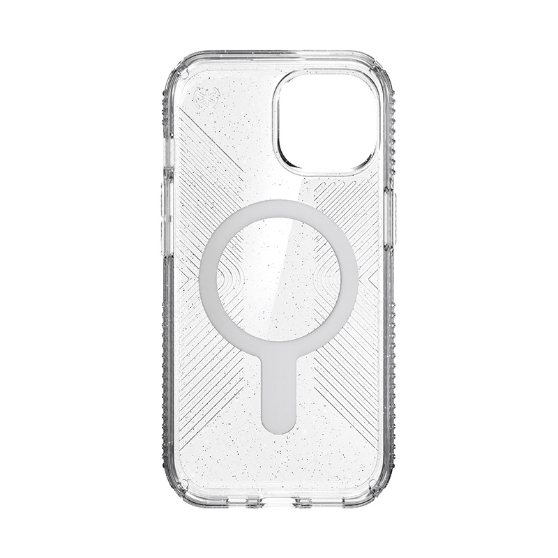 Speck Presidio Lux Grip ClickLock & MagSafe - Etui iPhone 16e / iPhone 15 / iPhone 14 / iPhone 13 (Clear / Platinium Glitter / Chrome Finish / Serene Silver)
