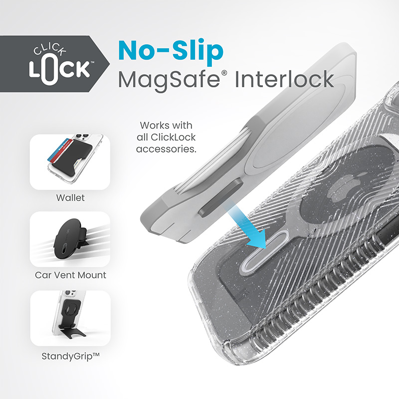 Speck Presidio Lux Grip ClickLock & MagSafe - Etui iPhone 16e / iPhone 15 / iPhone 14 / iPhone 13 (Clear / Platinium Glitter / Chrome Finish / Serene Silver)