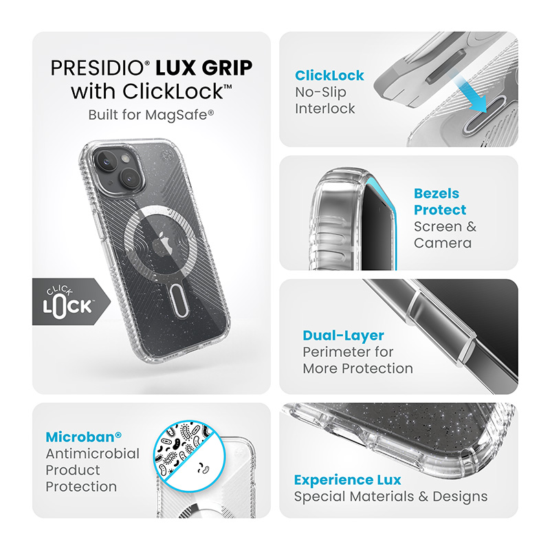 Speck Presidio Lux Grip ClickLock & MagSafe - Etui iPhone 16e / iPhone 15 / iPhone 14 / iPhone 13 (Clear / Platinium Glitter / Chrome Finish / Serene Silver)