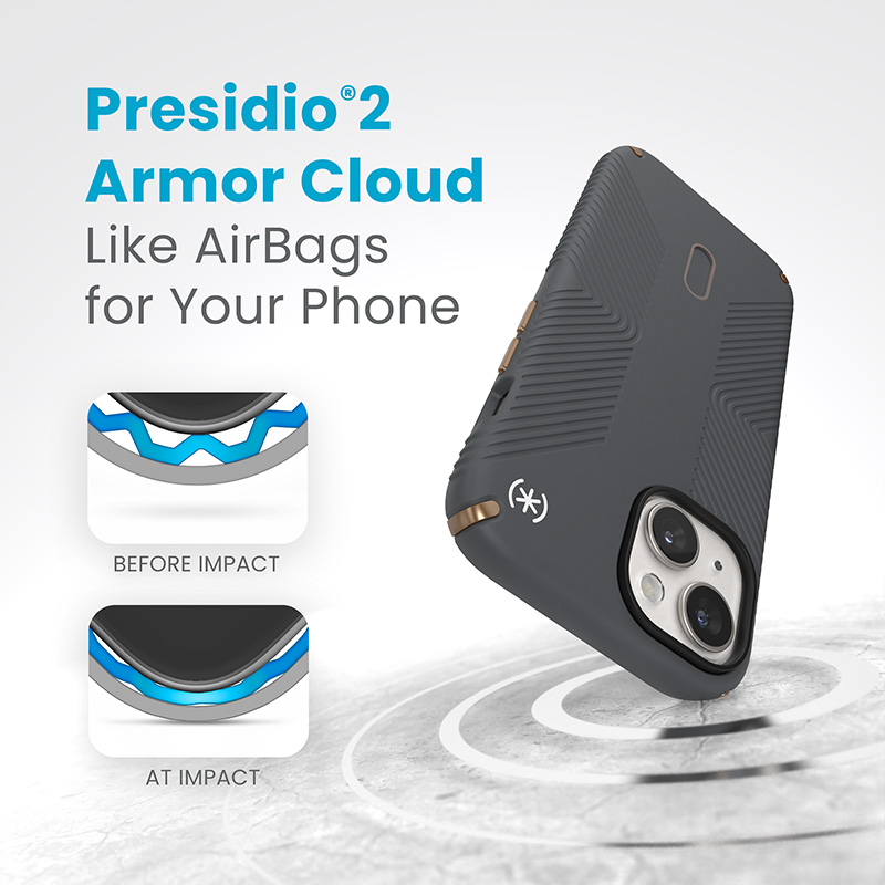 Speck Presidio2 Grip ClickLock & MagSafe - Etui iPhone 16e / iPhone 15 / iPhone 14 / iPhone 13 (Charcoal Grey / Cool Bronze)