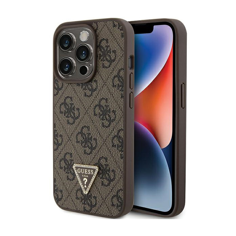 Guess Leather 4G Triangle Strass - Etui iPhone 15 Pro (brązowy)