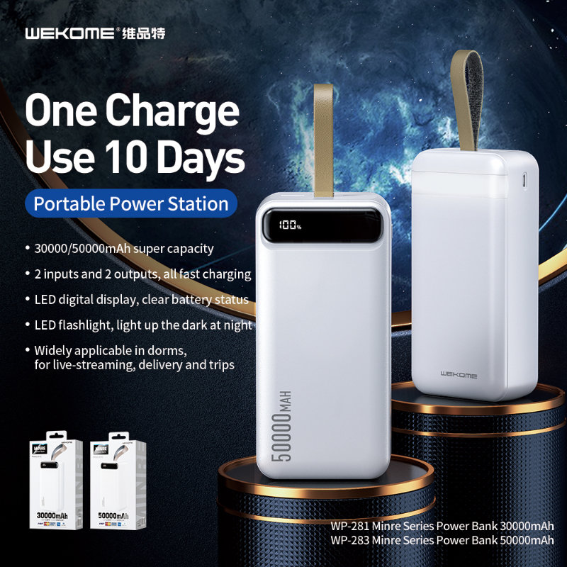 WEKOME WP-283 Minre Series - Power bank 50000 mAh Fast Charging 2x USB-A 10W + latarka LED (Biały)