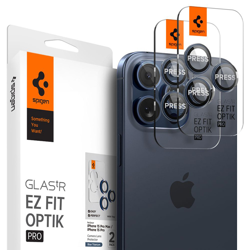 Spigen Optik Pro GLAS.TR EZ Fit Camera Protector 2-Pack - Szkło ochronne na obiektyw do iPhone 15 Pro / 15 Pro Max / iPhone 14 Pro / 14 Pro Max (2 szt) (Blue Titanium)
