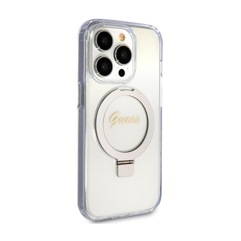 Guess Ring Stand Script Glitter MagSafe - Etui iPhone 15 Pro (przezroczysty)