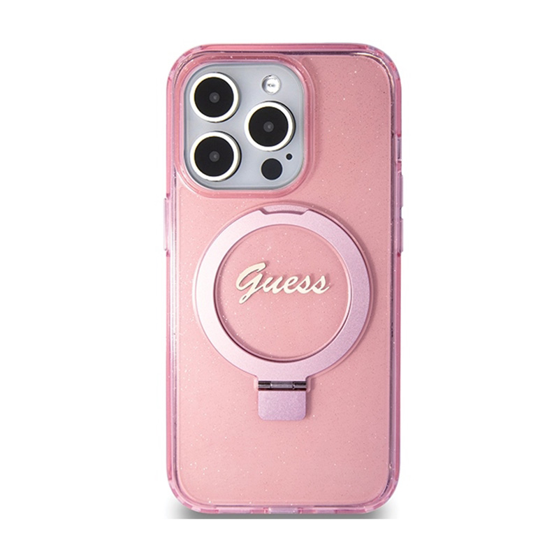 Guess Ring Stand Script Glitter MagSafe - Etui iPhone 15 Pro Max (różowy)
