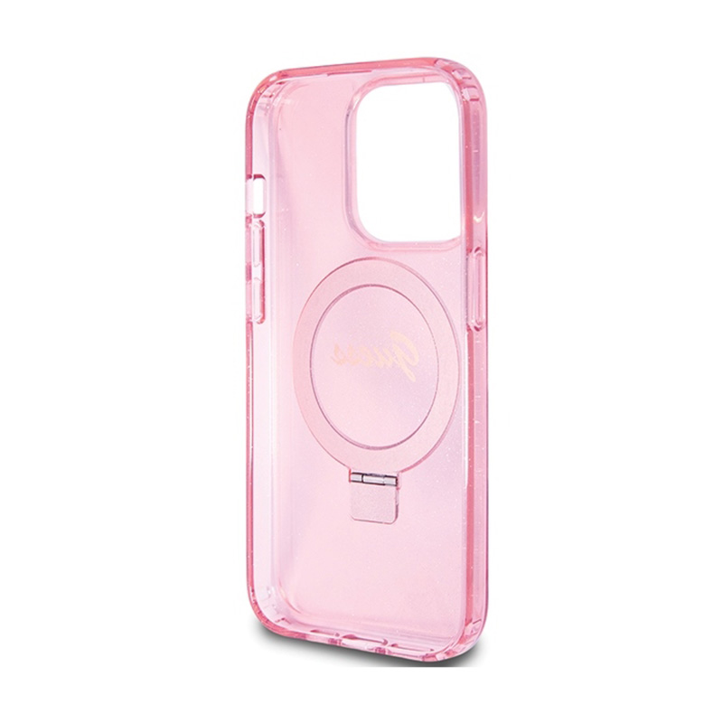 Guess Ring Stand Script Glitter MagSafe - Etui iPhone 15 Pro Max (różowy)