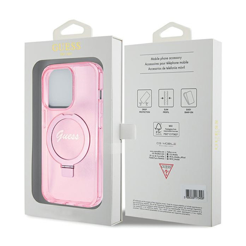 Guess Ring Stand Script Glitter MagSafe - Etui iPhone 15 Pro Max (różowy)