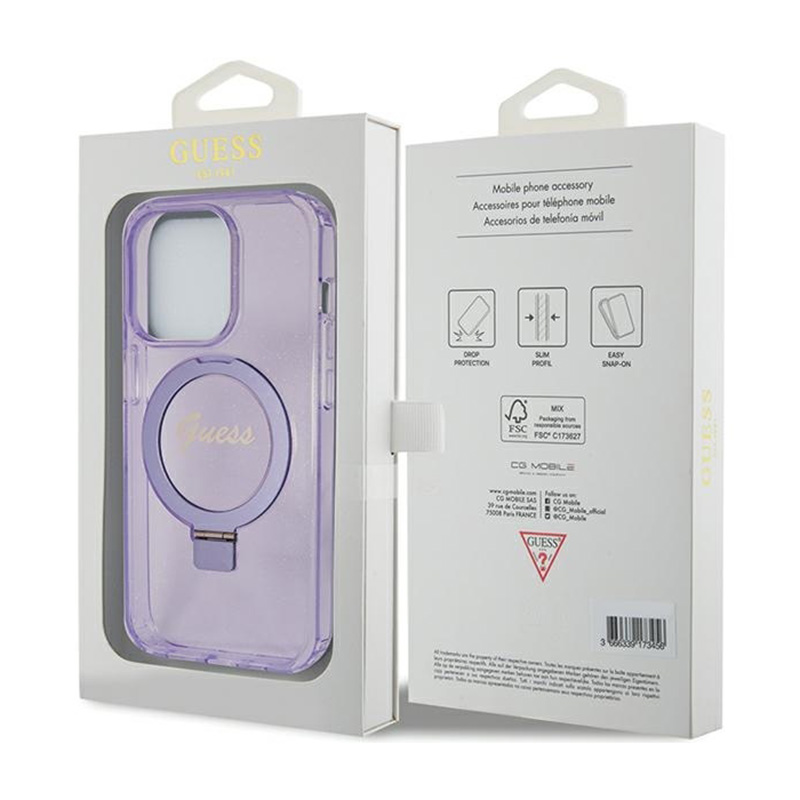 Guess Ring Stand Script Glitter MagSafe - Etui iPhone 15 Pro Max (fioletowy)