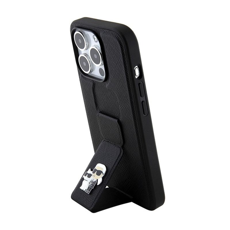 Karl Lagerfeld Gripstand Saffiano Karl & Choupette Pins - Etui iPhone 15 Pro (czarny)