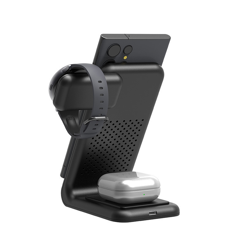 Crong PowerSpot Pivot Stand - Ładowarka bezprzewodowa 3w1 do iPhone, Samsung & Android, Galaxy Watch i słuchawek TWS (czarny)
