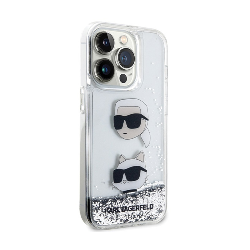 Karl Lagerfeld Liquid Glitter Karl & Choupette Heads - Etui iPhone 14 Pro (srebrny)