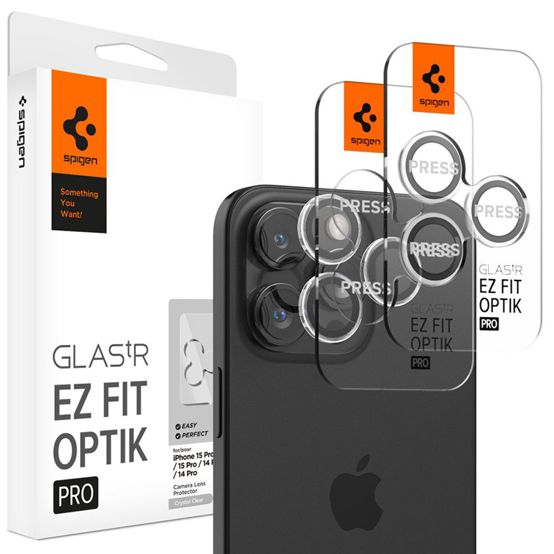 Spigen Optik Pro GLAS.TR EZ Fit Camera Protector 2-Pack - Szkło ochronne na obiektyw do iPhone 16 Pro / 16 Pro Max / 15 Pro / 15 Pro Max / 14 Pro / 14 Pro Max (2 szt) (Przezroczysty)